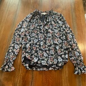 LOFT Floral Long Sleeve Ruffle Neck Blouse